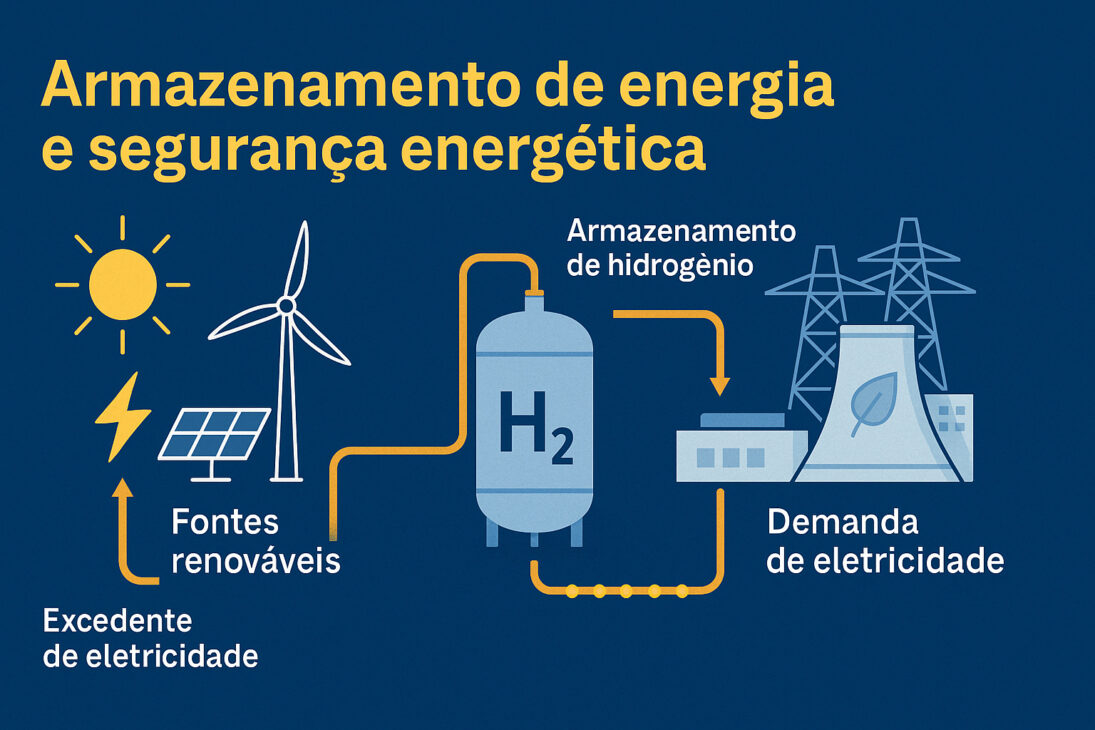 Infográfico ilustrando o armazenamento de energia com hidrogênio verde, a partir de fontes renováveis como solar e eólica, e seu uso para garantir segurança energética.