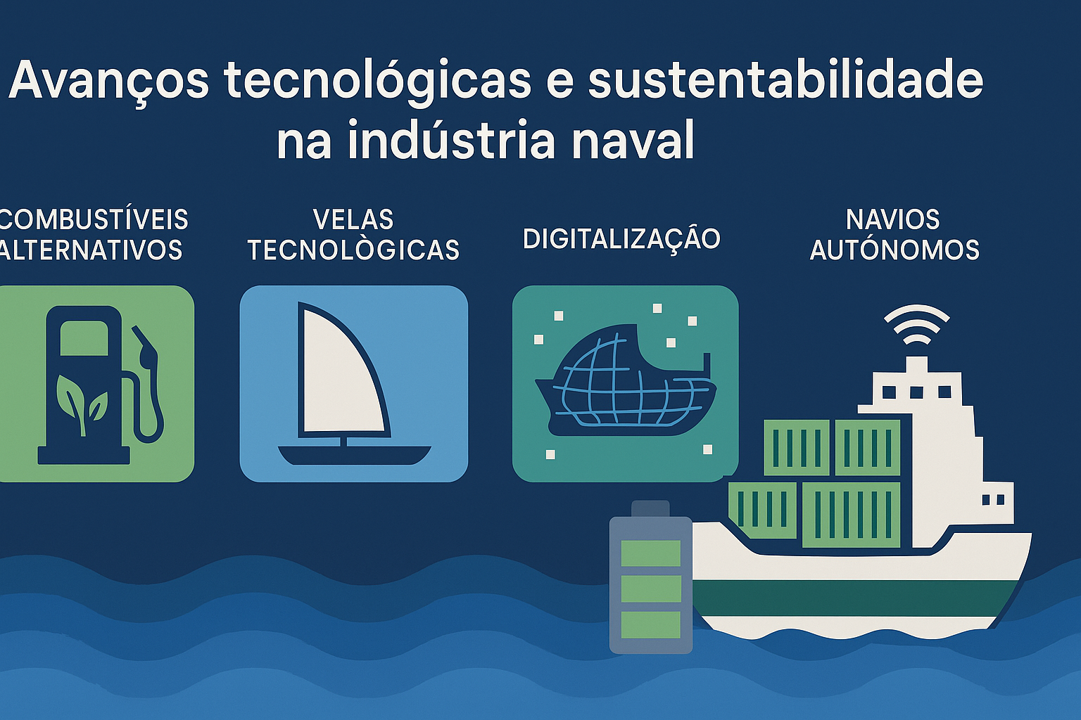 Infográfico ilustrando os avanços tecnológicos e a sustentabilidade na indústria naval, com ícones representando combustíveis alternativos, velas tecnológicas, digitalização e navios autônomos.