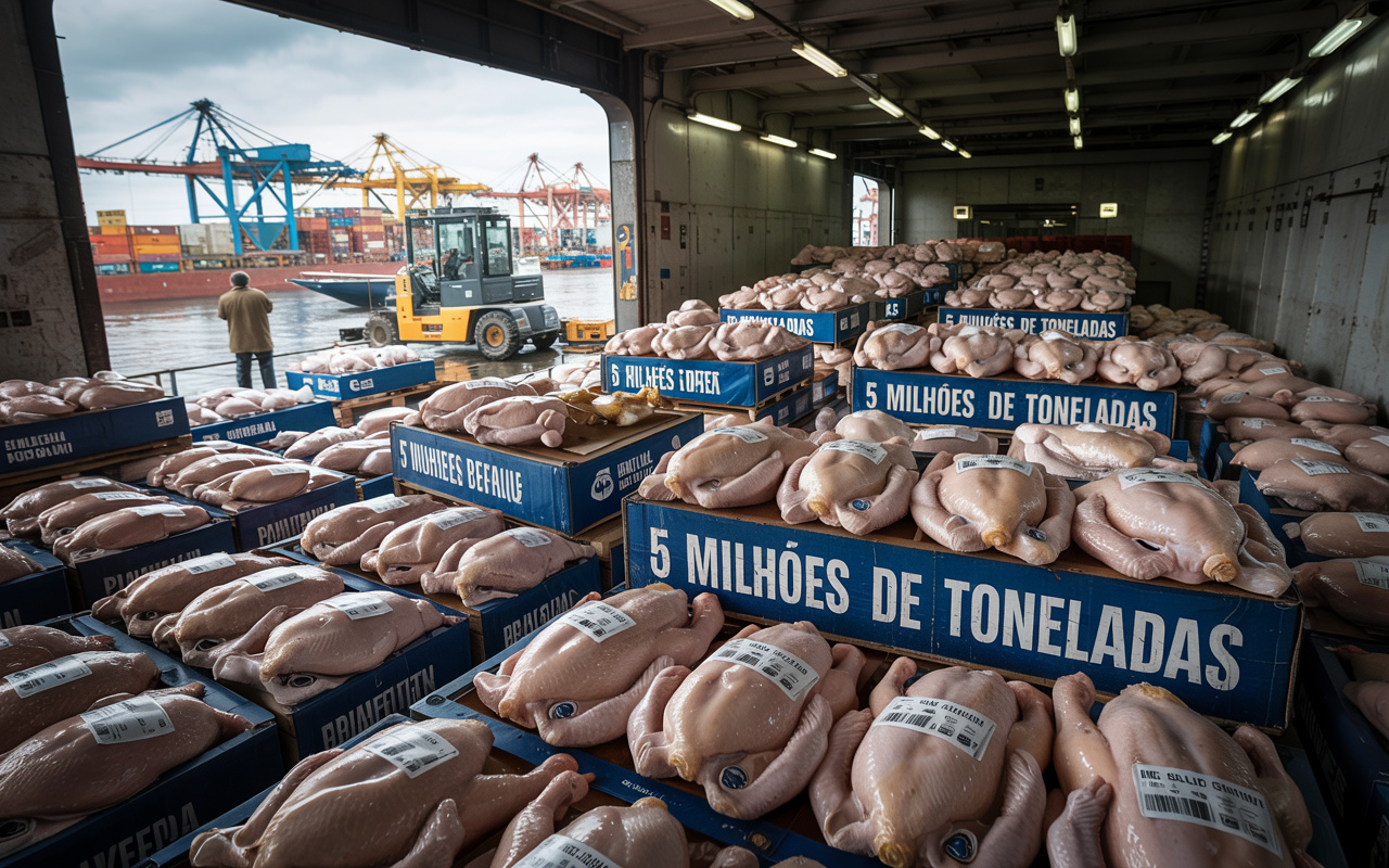 Brasil lidera exportações globais de frango com 5 milhões de toneladas embarcadas, mais de US$ 10 bilhões em receita e presença em 150 países