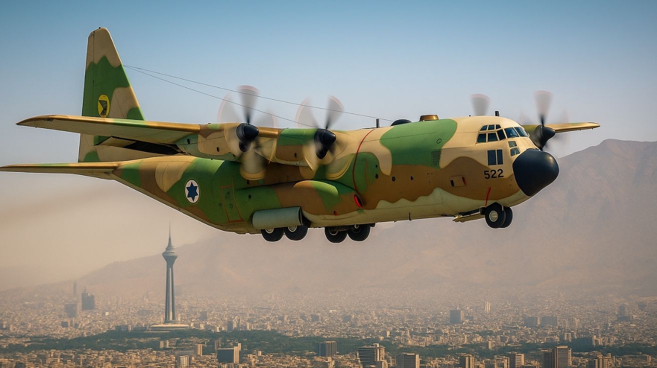 Avião militar C-130 da Força Aérea de Israel sobrevoa Teerã com camuflagem de deserto visível e a Torre Milad ao fundo