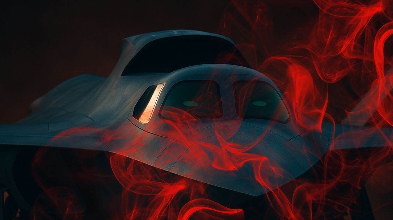 Close frontal ameaçador de um caça furtivo de sexta geração chinês com cockpit duplo, iluminação dramática e pintura escura sobre pista de concreto