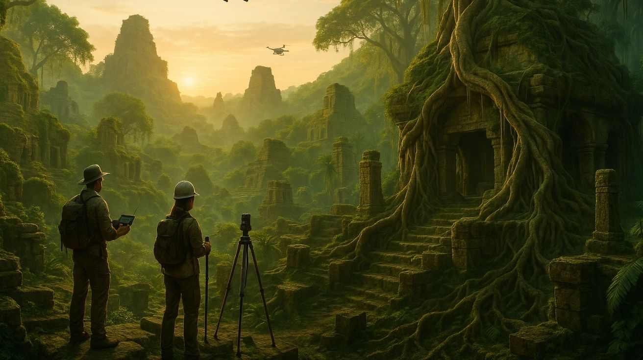 Ruínas de cidade perdida coberta por vegetação na selva amazônica ao amanhecer, com arqueólogos usando drones e LIDAR