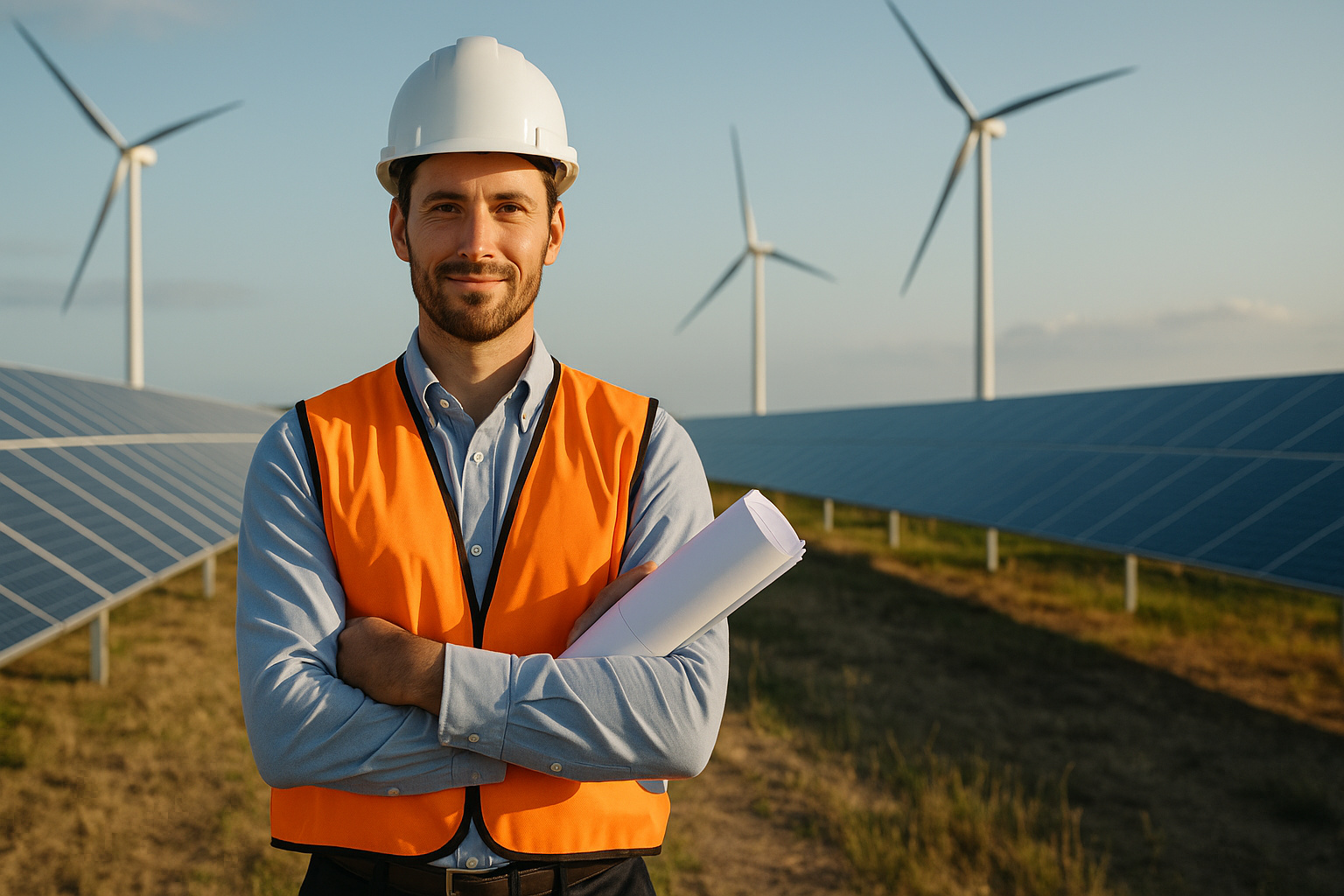 Engenheiro de energia renovável em usina solar com turbinas eólicas ao fundo
