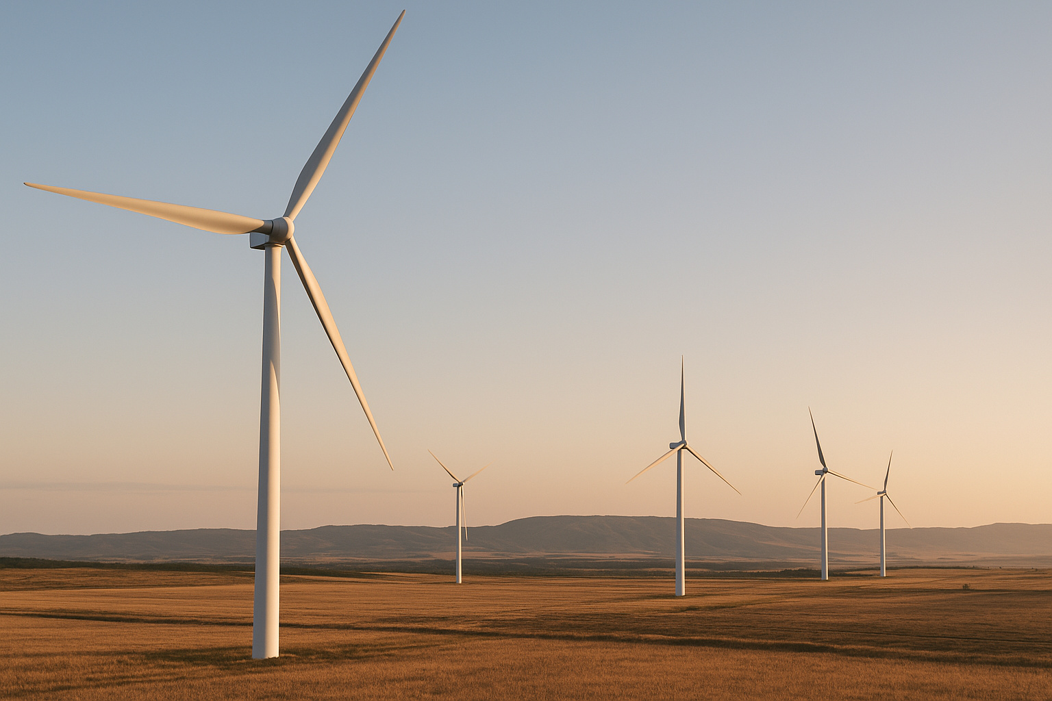 Turbinas eólicas em campo aberto ao pôr do sol, representando investimento em energia renovável.
