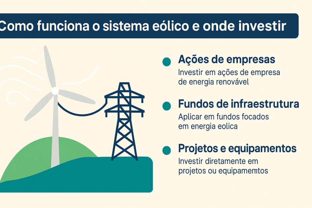 Infográfico ilustrando como funciona o sistema eólico e onde investir, com ícones de turbina eólica, torre de energia e opções de investimento listadas.