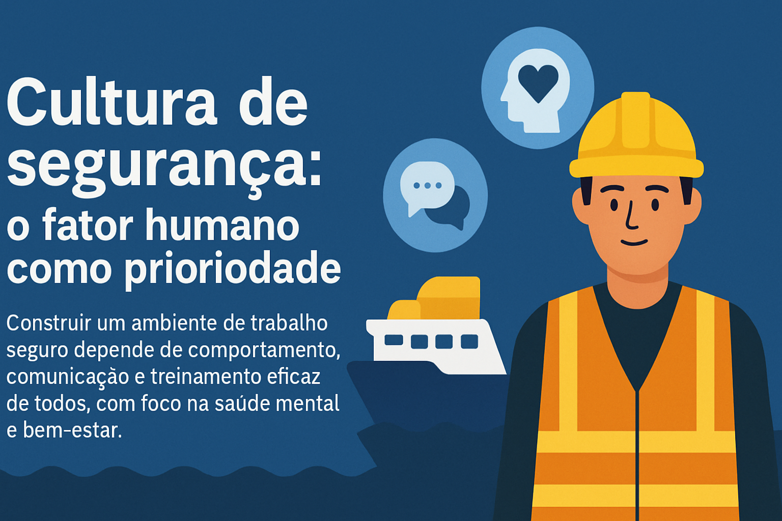 Infográfico com o título “Cultura de segurança: o fator humano como prioridade”, apresentando um trabalhador com EPI, ícones de comunicação e saúde mental, e um navio ao fundo.