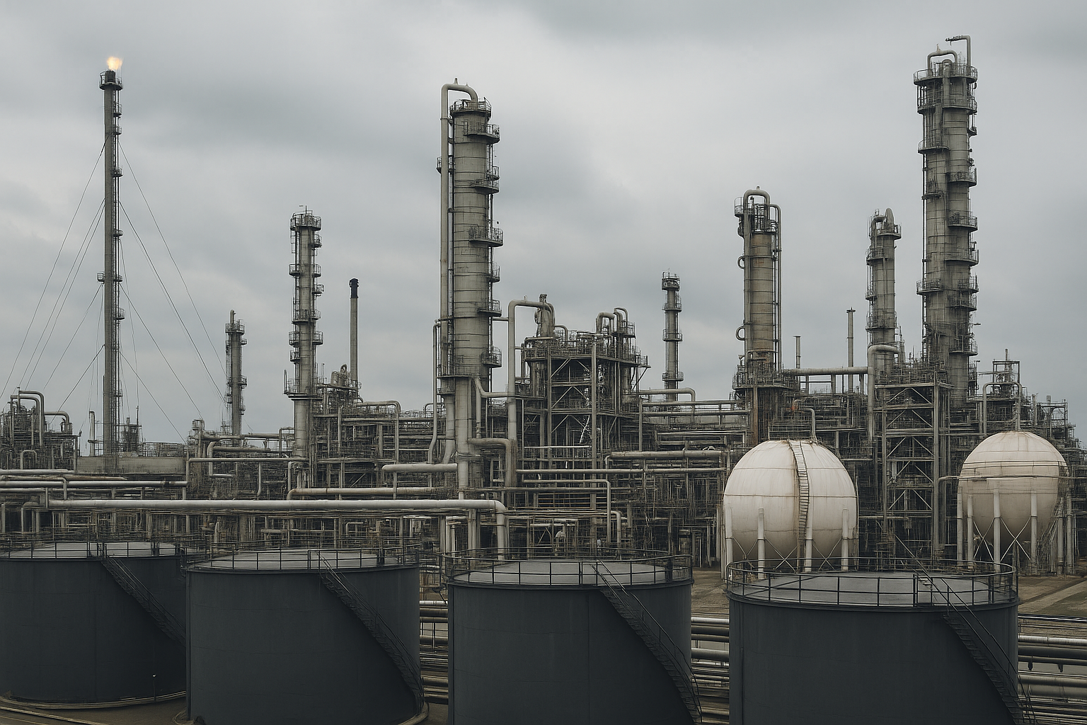 Refinaria de petróleo com tanques e tubulações sob céu nublado.