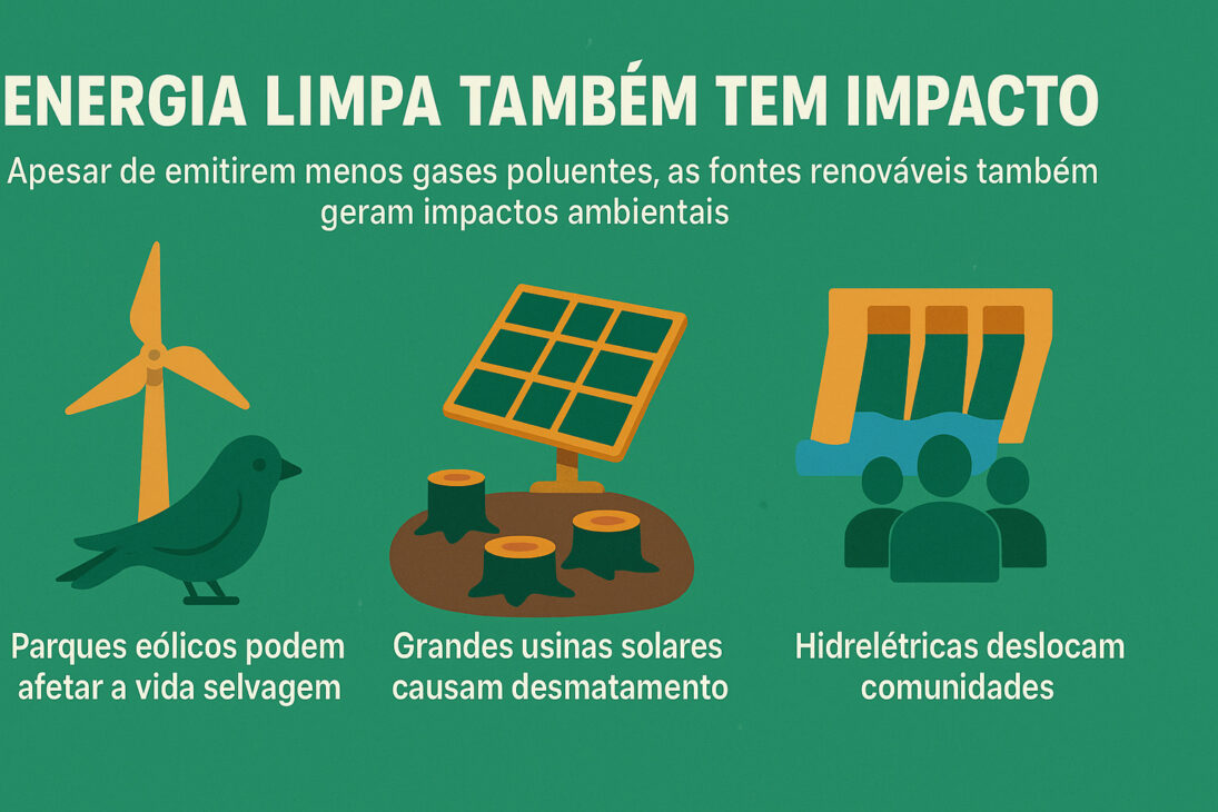 Infográfico ilustrando os impactos ambientais de fontes de energia limpa como eólica, solar e hidrelétrica.