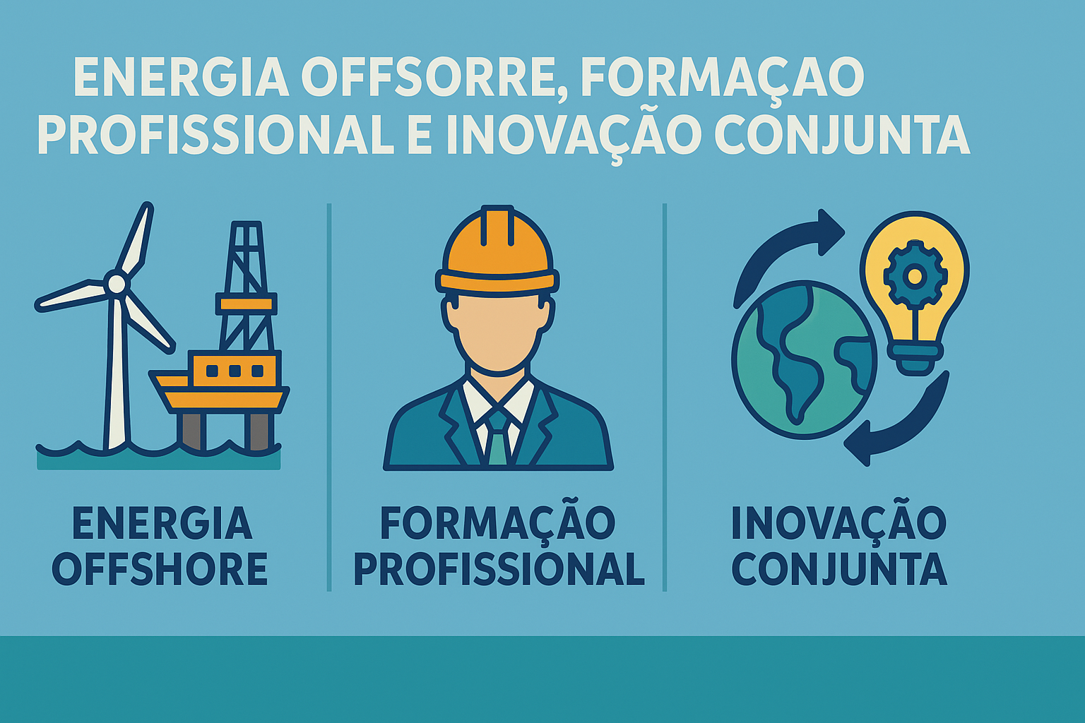 Infográfico ilustrando energia offshore, formação profissional e inovação conjunta, com ícones de turbina eólica, plataforma de petróleo, profissional com capacete e globo com lâmpada.