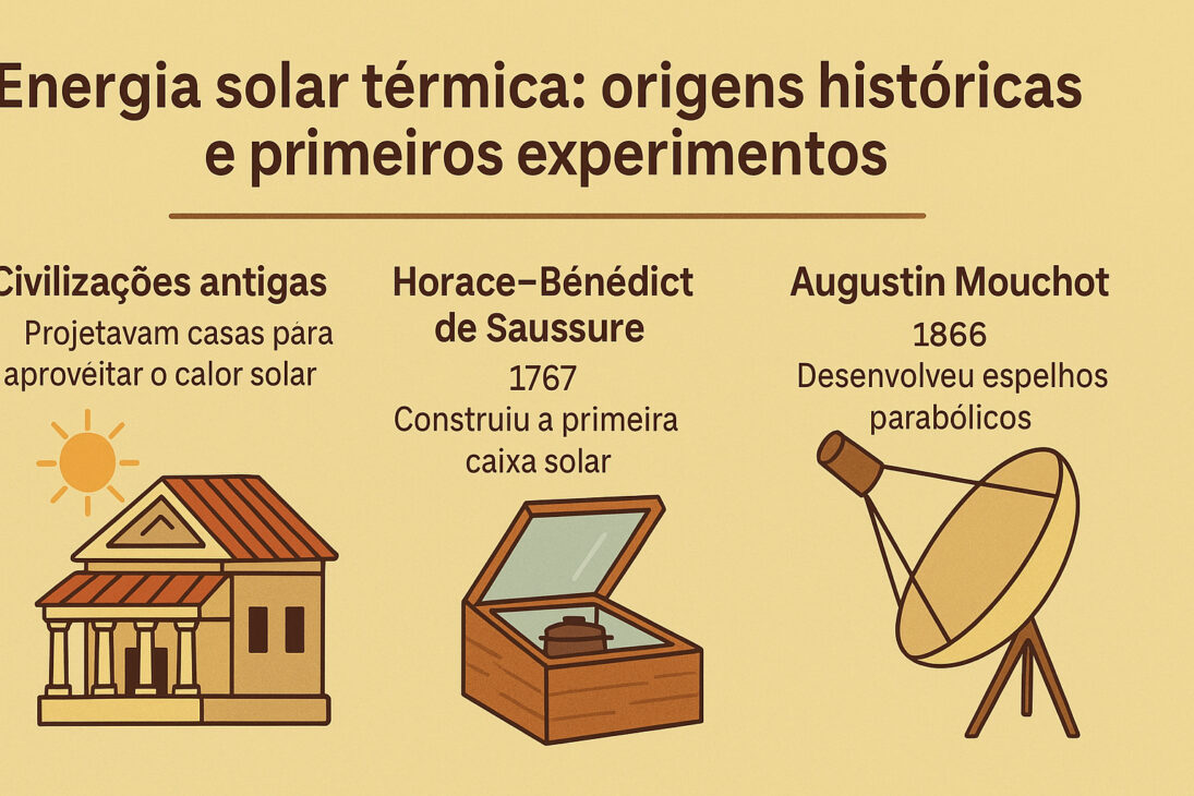 Infográfico ilustrando as origens históricas da energia solar térmica, com representações de civilizações antigas, Horace-Bénédict de Saussure e Augustin Mouchot.