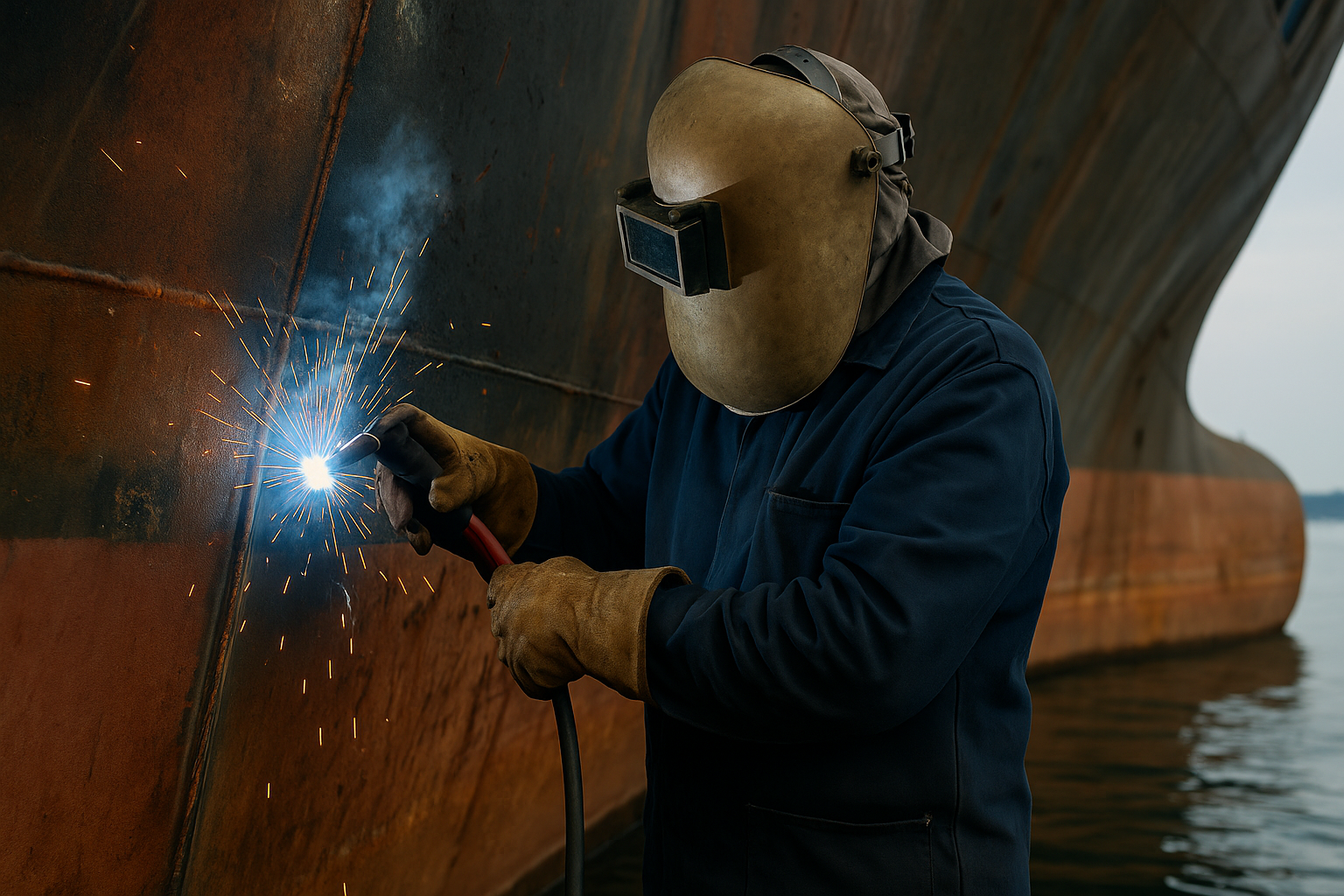 Soldador realizando soldagem naval no casco de um navio com faíscas visíveis.