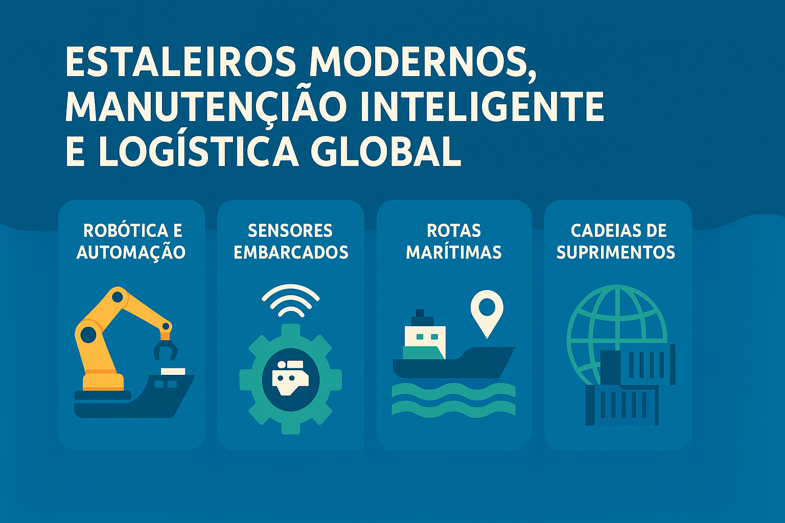 Infográfico sobre estaleiros modernos, manutenção inteligente e logística global, com ícones representando robótica, sensores embarcados, rotas marítimas e cadeias de suprimentos.