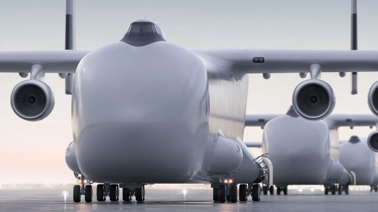 Avião WindRunner visto de frente em pista de decolagem, com turbinas gigantes, fuselagem imponente e outras aeronaves ao fundo