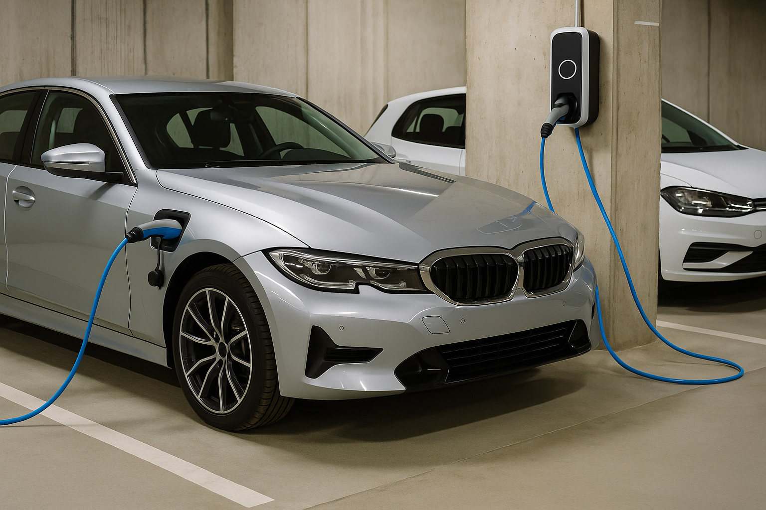 Carros híbrido e elétrico recarregando em posto, representando a isenção de IPVA em Minas Gerais em 2025