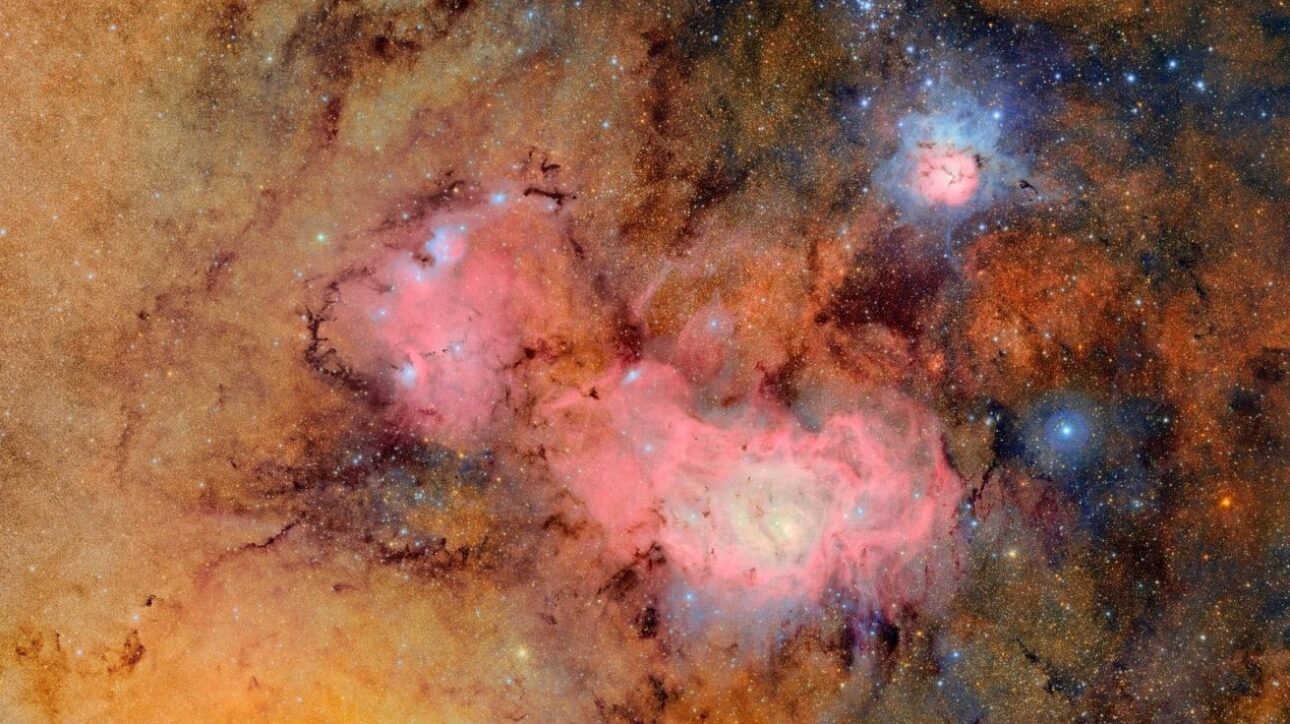 Imagem: As nebulosas Trífida e da Lagoa. Crédito: Observatório Vera C. Rubin, NSF-DOE