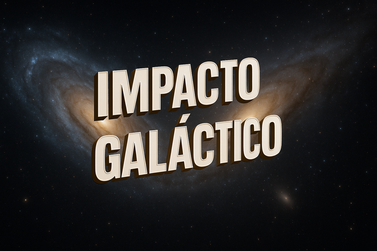 Representação artística em 3D da aproximação entre a galáxia de Andrômeda e a Via Láctea com a frase "Impacto Galáctico" em destaque.