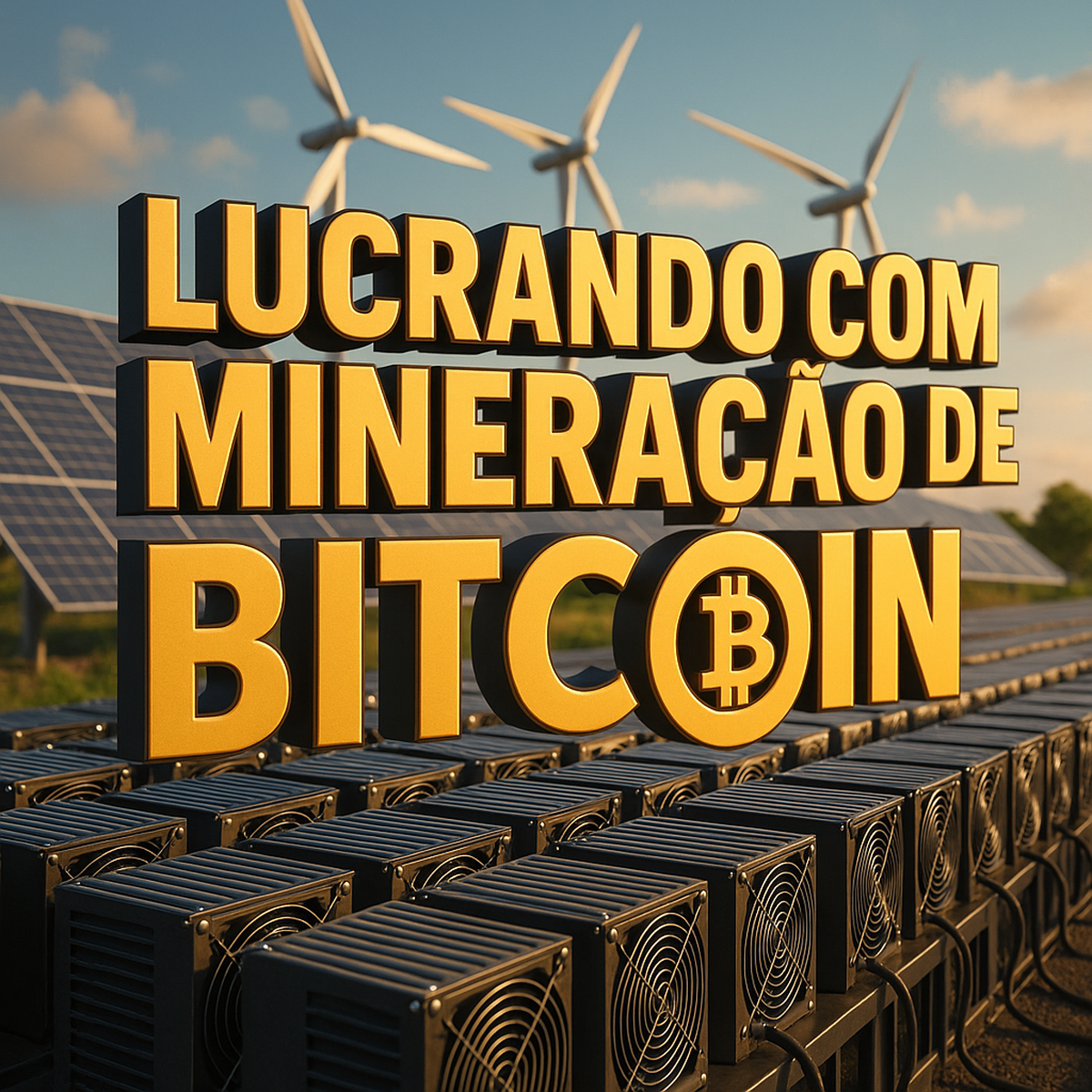 Frase em 3D “Lucrando com mineração de Bitcoin” sobre estrutura de mineração com energia limpa