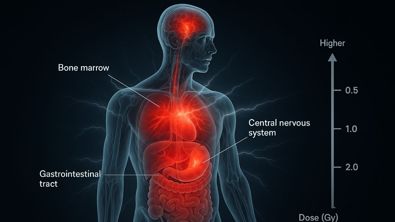 Ilustração médica hiper-realista mostra um corpo humano transparente com os principais sistemas afetados pela radiação — medula óssea, trato gastrointestinal e sistema nervoso central — destacados em vermelho, com partículas ionizantes atravessando o corpo e uma escala lateral indicando a intensidade da dose (Gy). A imagem tem fundo escuro e estilo clínico, transmitindo alerta médico.