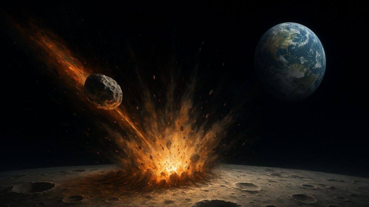 Representação hiper-realista de um asteroide colidindo com a superfície da Lua, gerando uma grande explosão de detritos, com a Terra visível ao fundo no espaço

