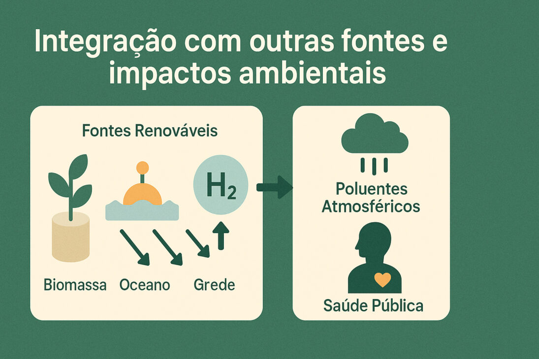 Infográfico mostrando a integração do hidrogênio verde com outras fontes renováveis, como biomassa e energia oceânica, e os impactos positivos na redução da poluição atmosférica e na saúde pública.