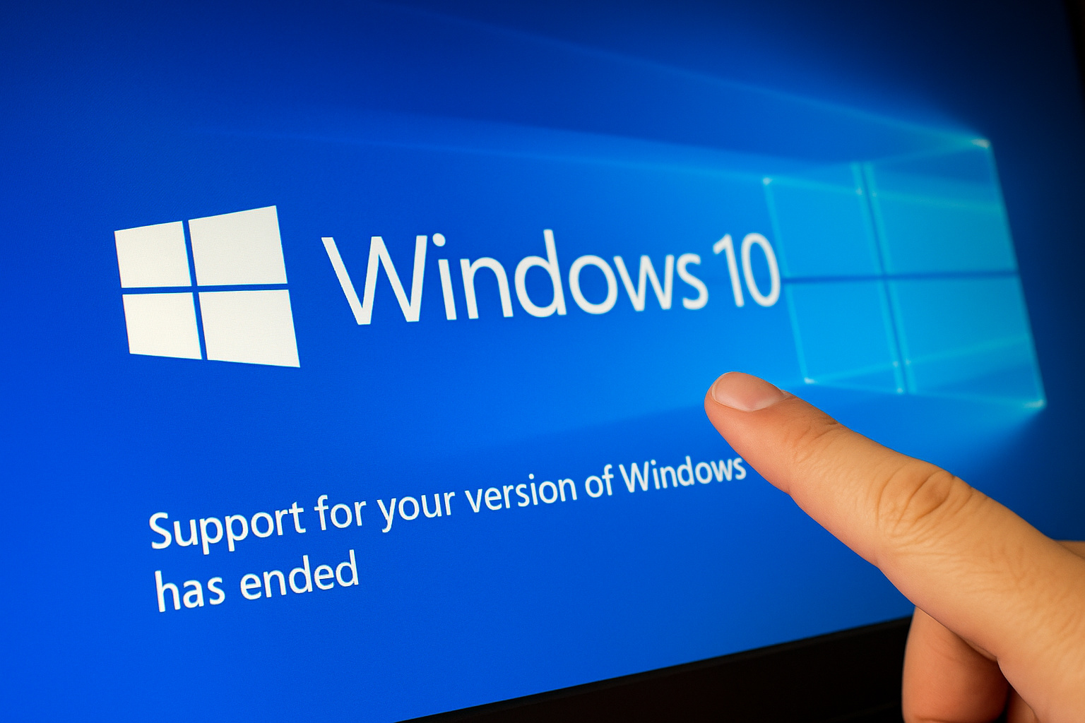 Tela do Windows 10 com aviso de fim de suporte sendo tocada por um dedo