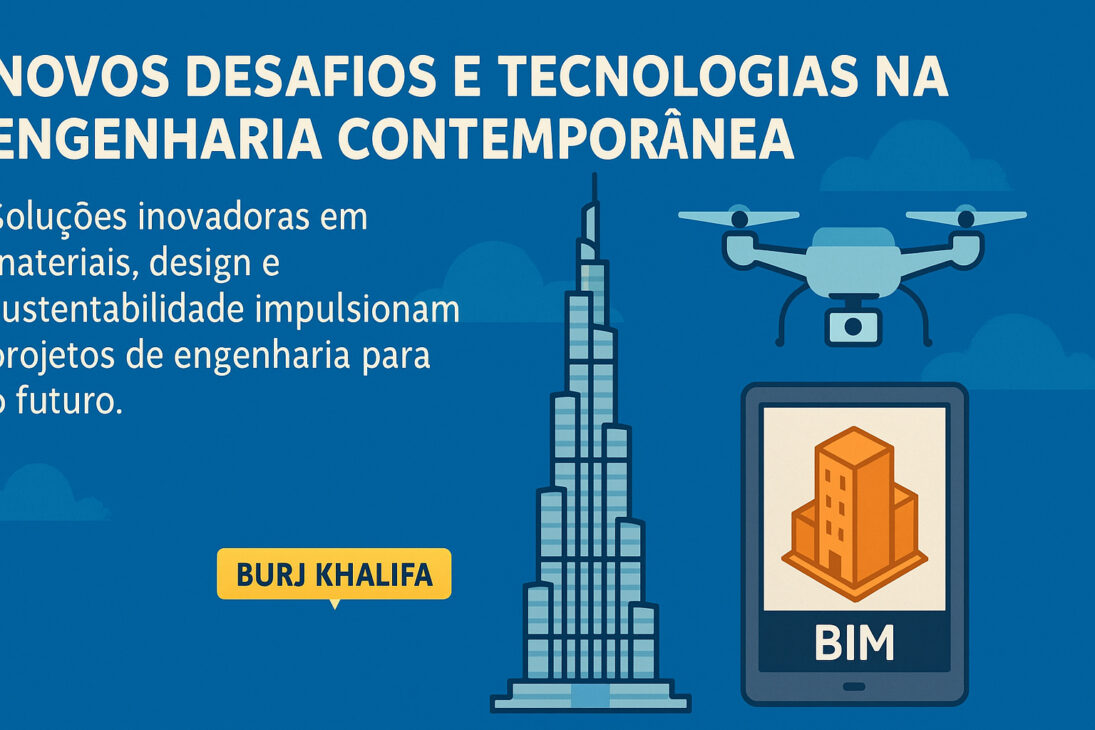 Infográfico com o Burj Khalifa, um drone e um tablet com símbolo BIM, destacando as tecnologias e desafios contemporâneos da engenharia como sustentabilidade, inovação em materiais e uso de ferramentas digitais.