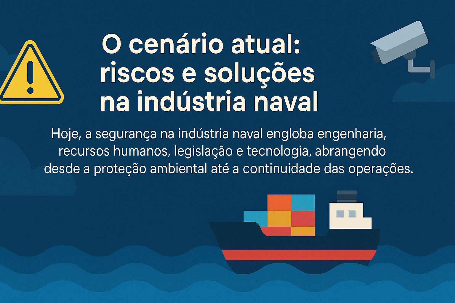 Infográfico com o título "O cenário atual: riscos e soluções na indústria naval", com ilustrações de um navio cargueiro, um ícone de alerta e uma câmera de segurança sobre fundo azul com ondas.