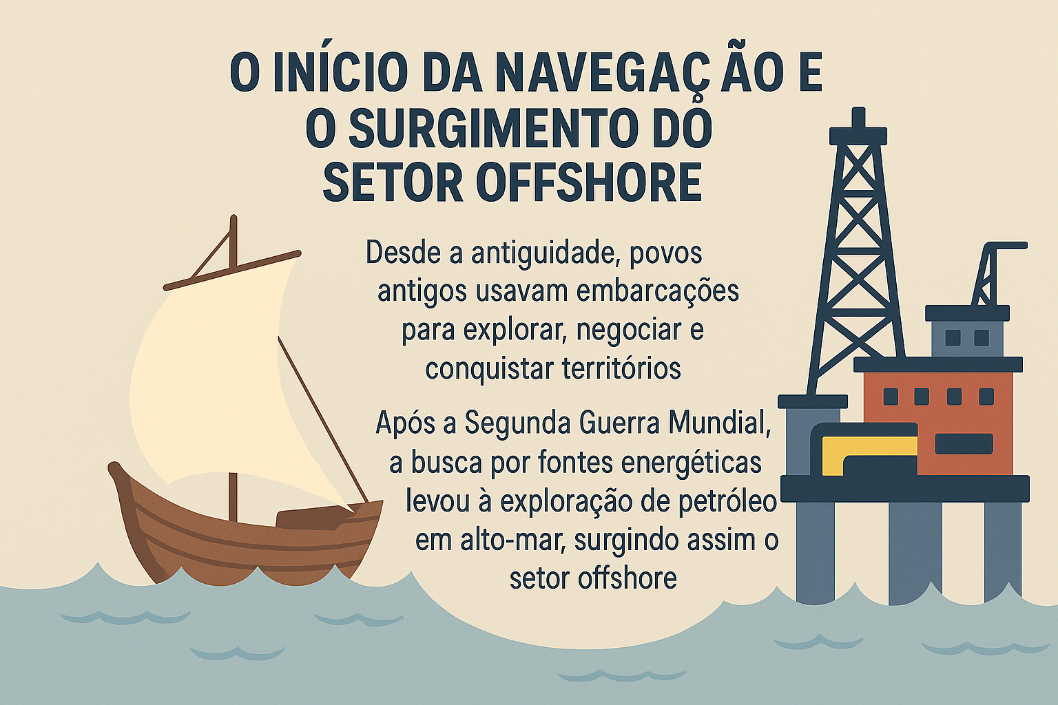 Infográfico ilustrando uma embarcação antiga e uma plataforma de petróleo offshore, com texto centralizado explicando a evolução da navegação e a origem do setor offshore.