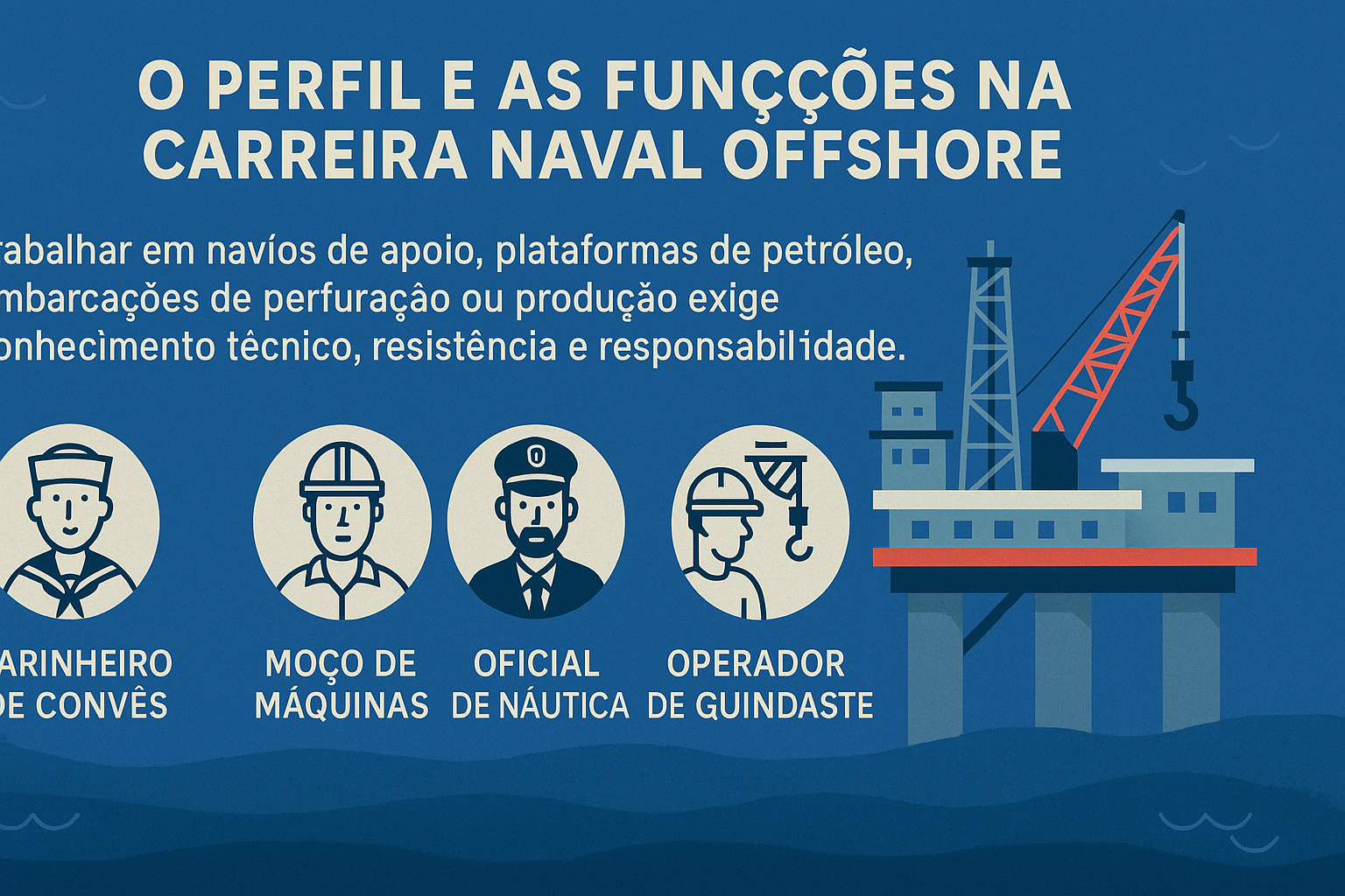 Infográfico sobre o perfil e as funções na carreira naval offshore, com ícones de profissões e uma plataforma marítima ao fundo.