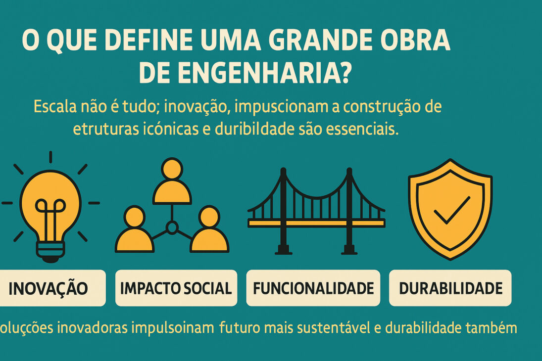 Infográfico com ícones representando inovação, impacto social, funcionalidade e durabilidade, destacando os principais critérios que definem uma grande obra de engenharia.