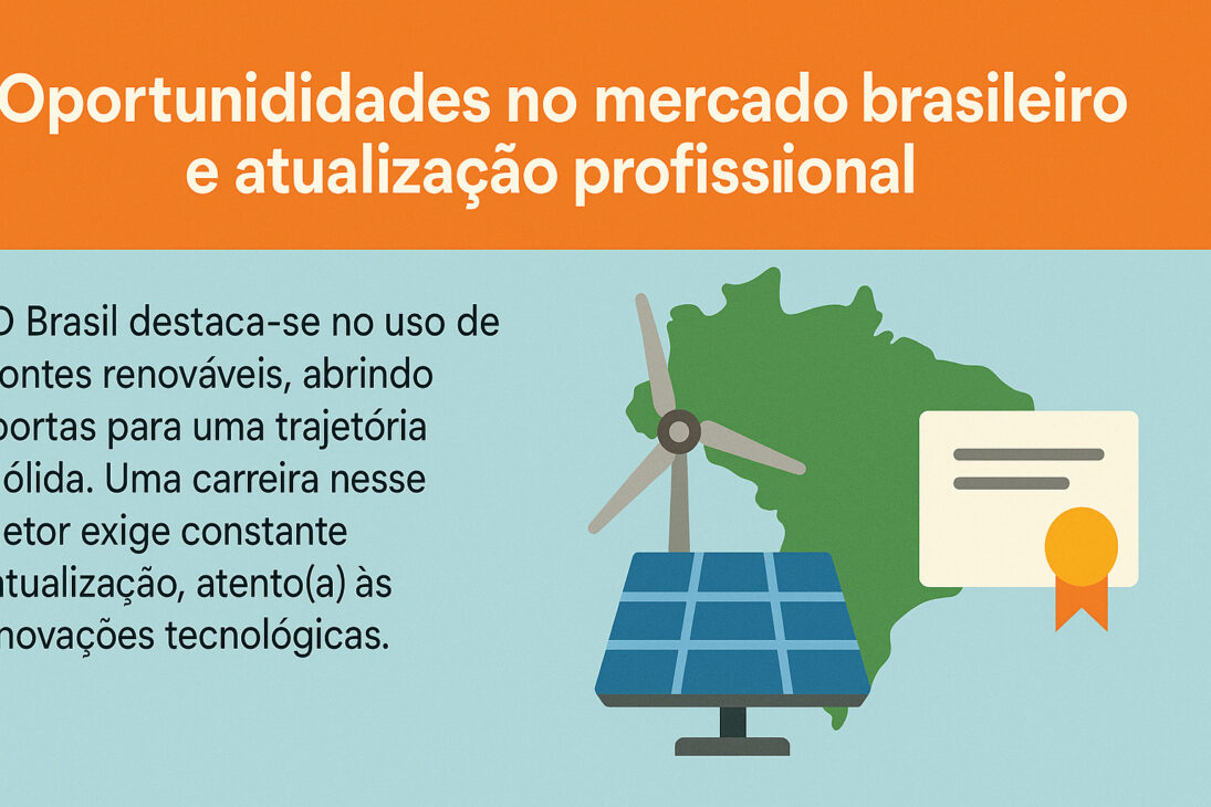 Infográfico em português sobre oportunidades no mercado brasileiro de energia renovável e a importância da atualização profissional, com ícones de turbina eólica, painel solar, certificado e o mapa do Brasil.