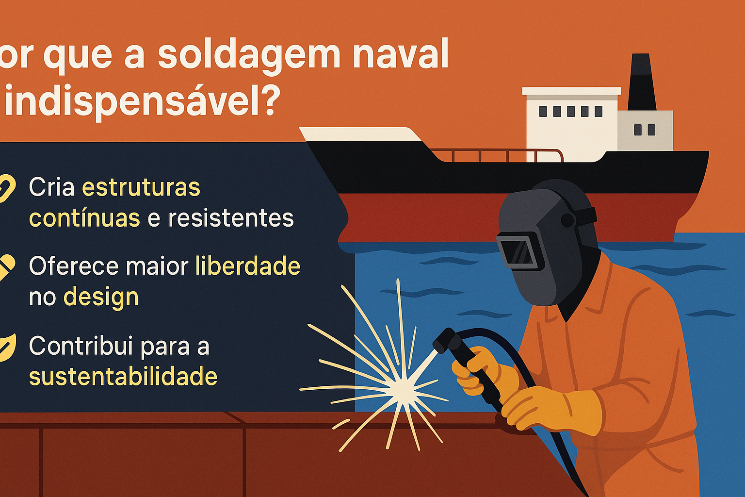 Infográfico ilustrando a importância da soldagem naval com soldador em ação e navio ao fundo, ao lado de tópicos sobre estruturas, design e sustentabilidade.