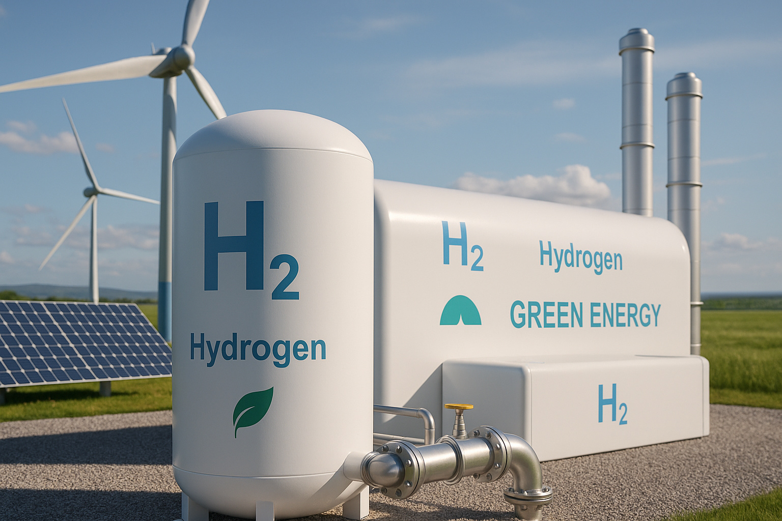 Infraestrutura de hidrogênio verde com tanques, turbinas e painéis solares em campo aberto.