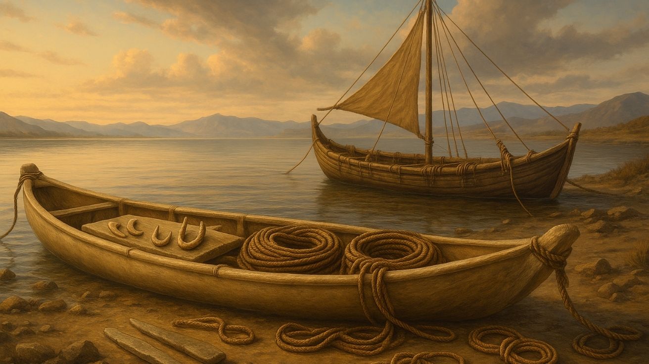 Humanos pré-históricos construindo canoa com ferramentas de pedra e fibras vegetais em praia do sudeste asiático, representando a navegação primitiva