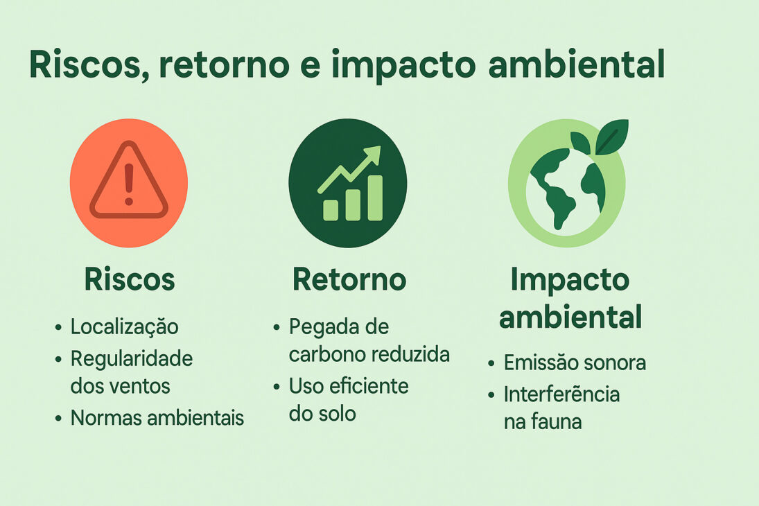 Infográfico com ícones e tópicos sobre riscos, retorno e impacto ambiental da energia eólica, incluindo fatores como localização, pegada de carbono e interferência na fauna.