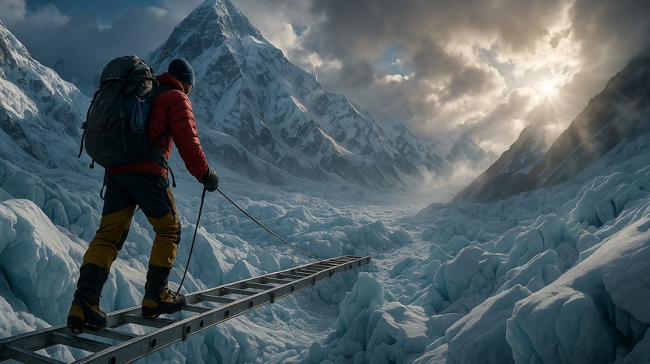 Sherpa avançando na Cascata de Gelo de Khumbu em expedição ao cume do Everest