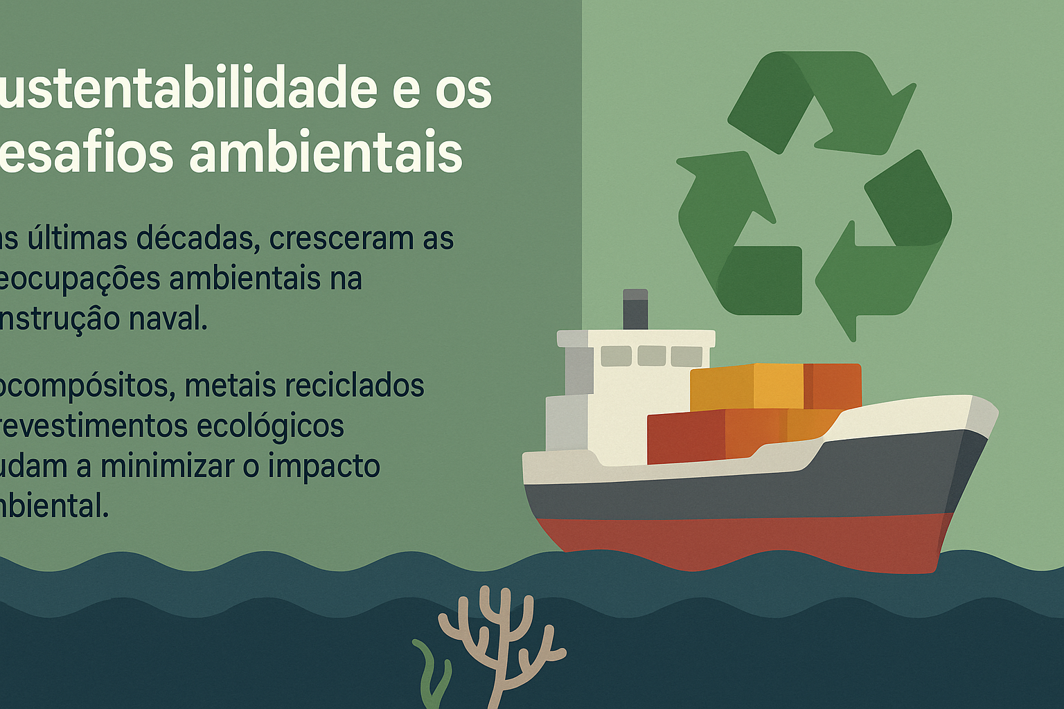 Infográfico sobre sustentabilidade na construção naval, com ilustração de navio cargueiro, símbolo de reciclagem e elementos marinhos, destacando práticas ecológicas como o uso de biocompósitos e materiais reciclados.