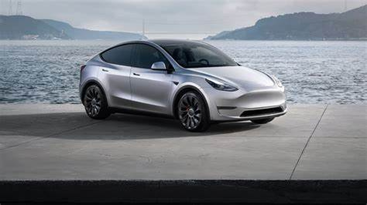 Carro elétrico Tesla Model Y estacionado à beira-mar em fundo natural