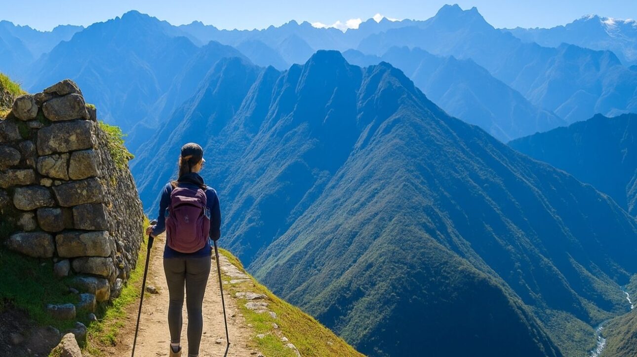 Caminhante percorre a Trilha Inca com mochila e bastões de trekking, cercada por ruínas incas e montanhas azuladas dos Andes ao fundo