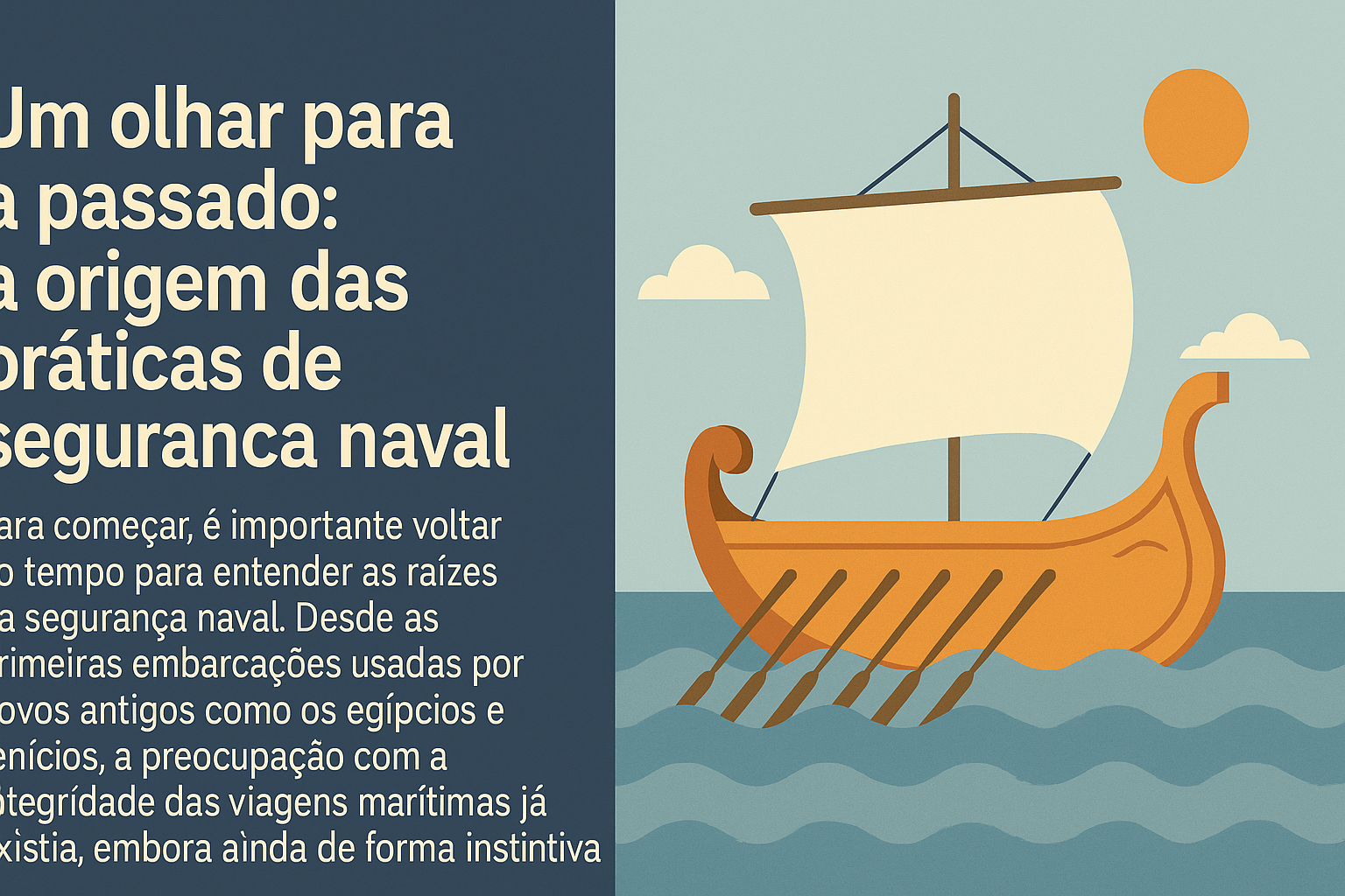 Infográfico ilustrado com o título "Um olhar para o passado: a origem das práticas de segurança naval", centralizado sobre fundo azul, acompanhado por um navio antigo estilizado à vela navegando no mar sob céu claro.