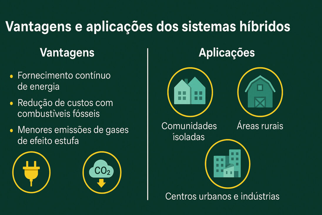 Infográfico mostrando as principais vantagens e aplicações dos sistemas híbridos renováveis, com ícones e tópicos explicativos.