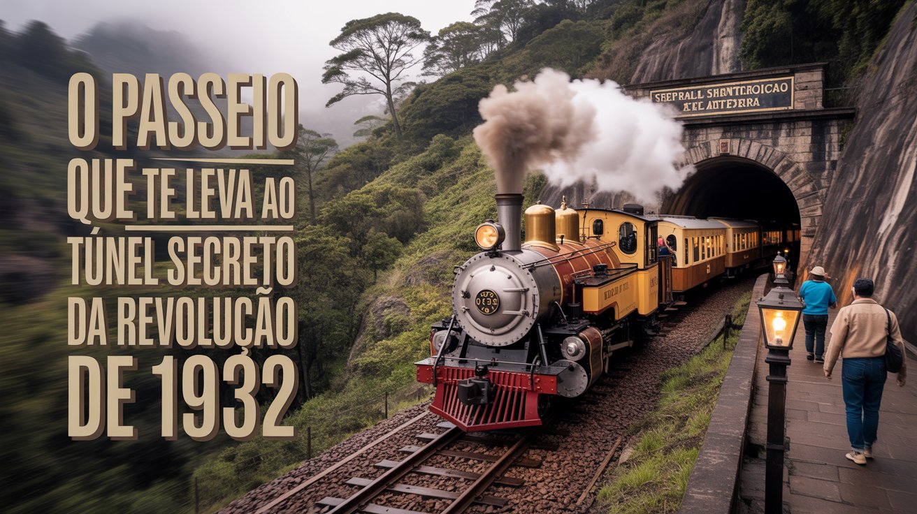 Viagem de trem revela túnel secreto da Revolução de 1932 e encanta turistas com paisagens, história e locomotiva centenária na Serra da Mantiqueira. (Imagem/ reprodução Youtube)