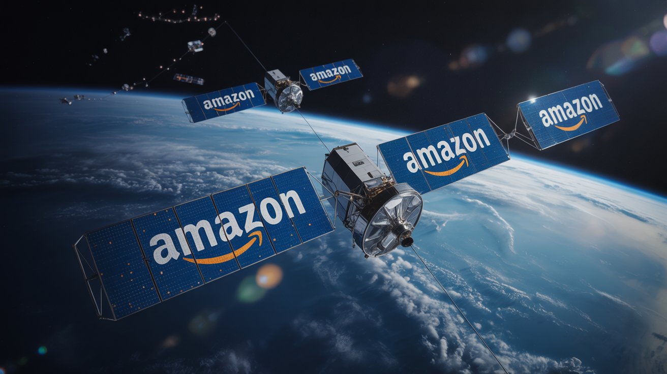 Satélites do Projeto Kuiper da Amazon flutuando em órbita terrestre com painéis solares e fundo espacial estrelado, representando conectividade global