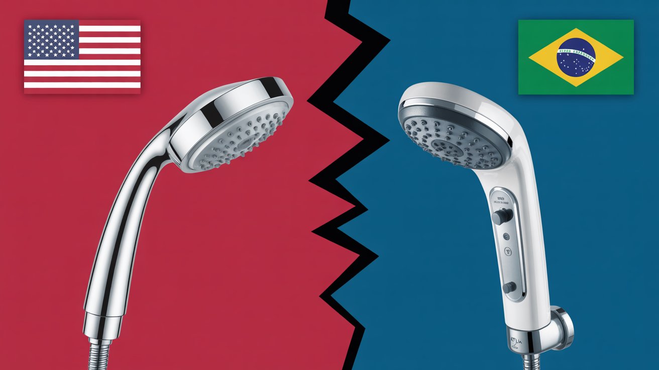 Chuveiro elétrico ligado com vapor saindo em banheiro típico brasileiro com chinelos no chão