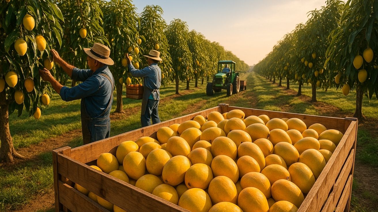 Fazendeiros australianos colhendo mangas maduras em plantação organizada, com caixas cheias de frutas prontas para exportação agrícola.