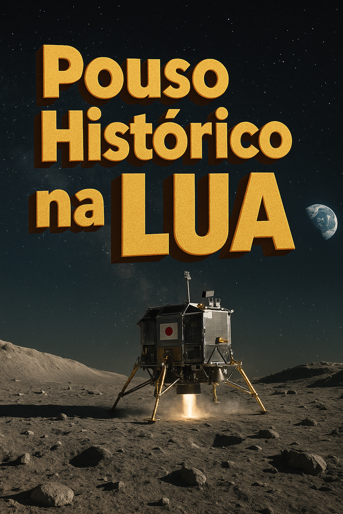 Sonda japonesa RESILIENCE pousando na superfície lunar com Terra ao fundo e frase em 3D “Pouso Histórico na LUA”
