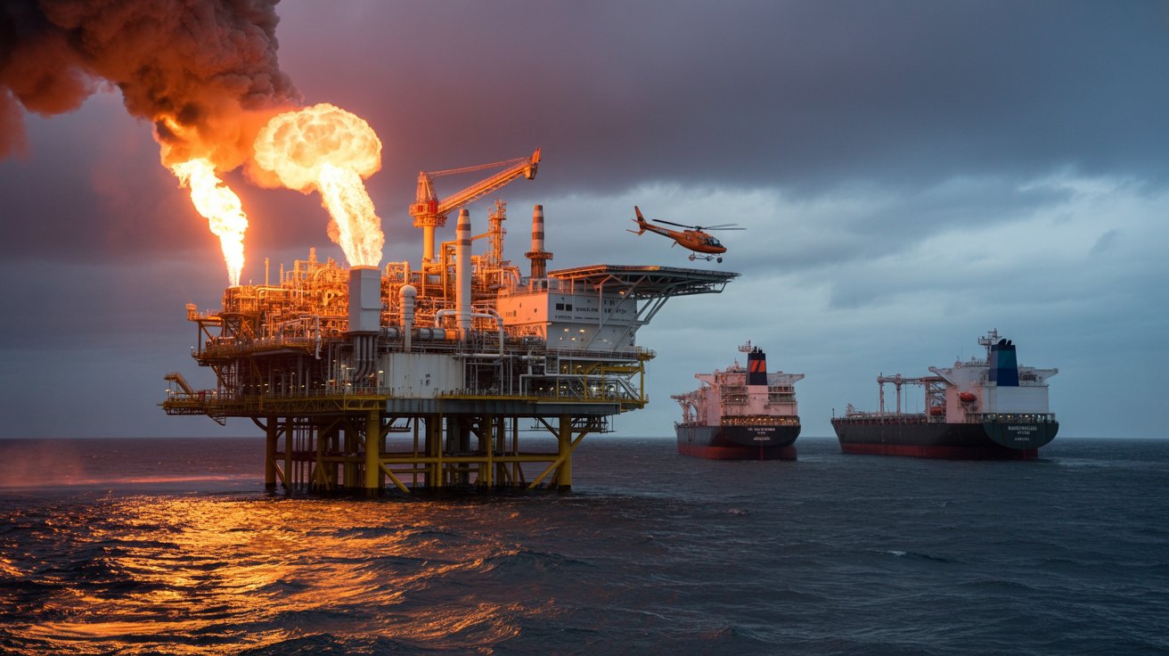 Petroleiro atravessa o Estreito de Ormuz sob ameaça militar, ilustrando a crise no fornecimento global de petróleo