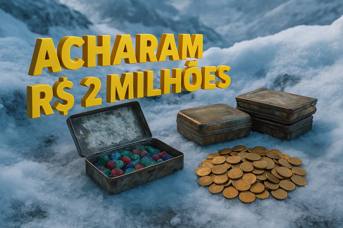 Caixa metálica aberta revela gemas preciosas e moedas de ouro sobre o gelo dos Alpes