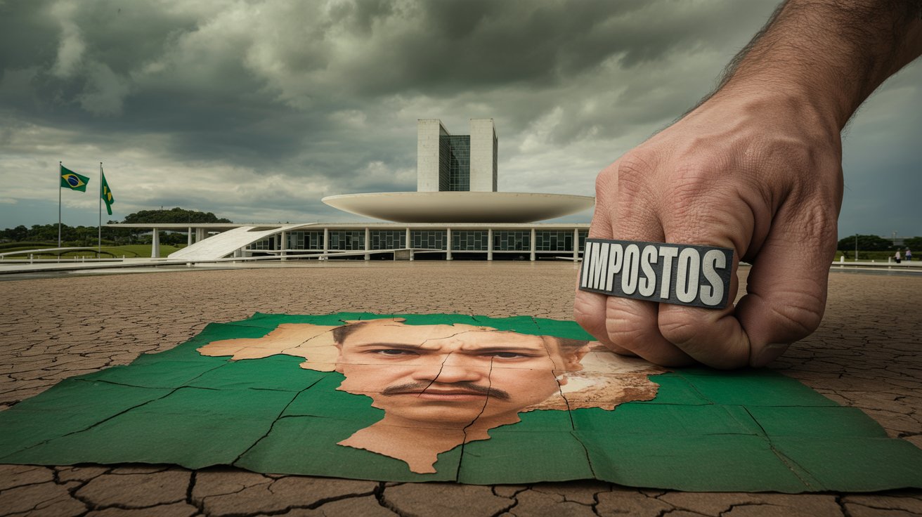 Imagem ilustrativa mostrando o Brasil sendo sufocado por impostos, com o Palácio do Planalto ao fundo e a bandeira nacional em trapos.