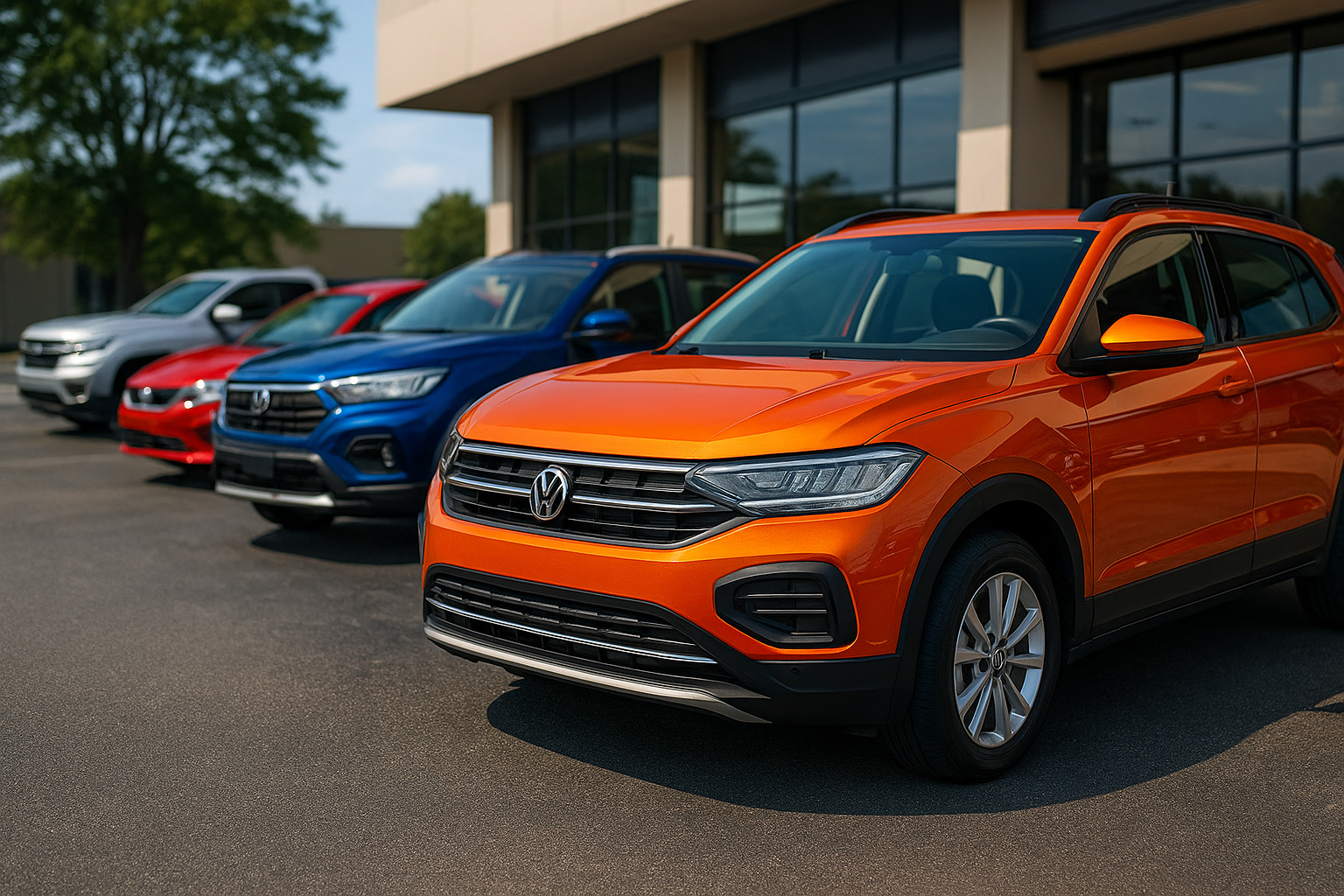 Fila de carros novos com destaque para SUV laranja em promoção em 2025